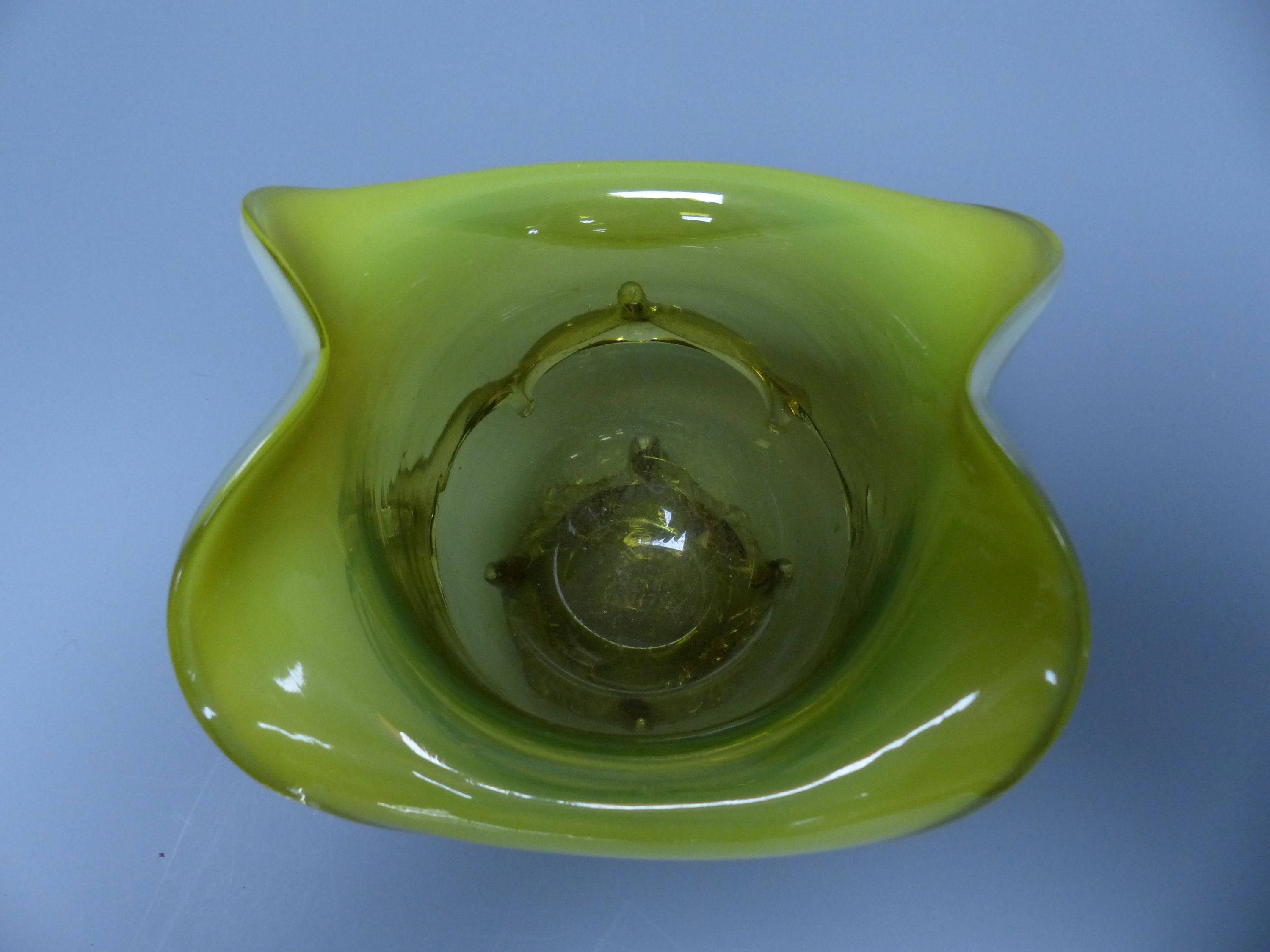 A green aventurine glass bowl and a Victorian style vaseline bowl, tallest 13.5cm